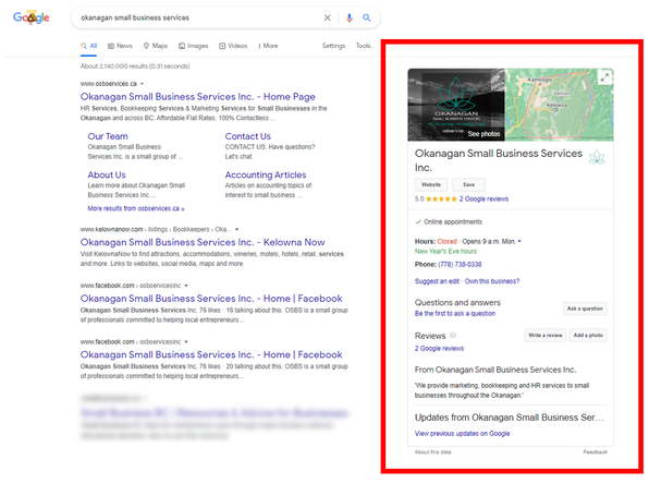 Screenshot of OSBS Google My Business (GMB) Listing